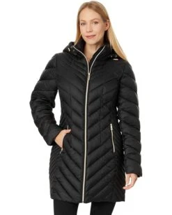 MICHAEL Michael Kors Zip Front Knee Length Chevron Packable M426666BZ | Coats & Outerwear